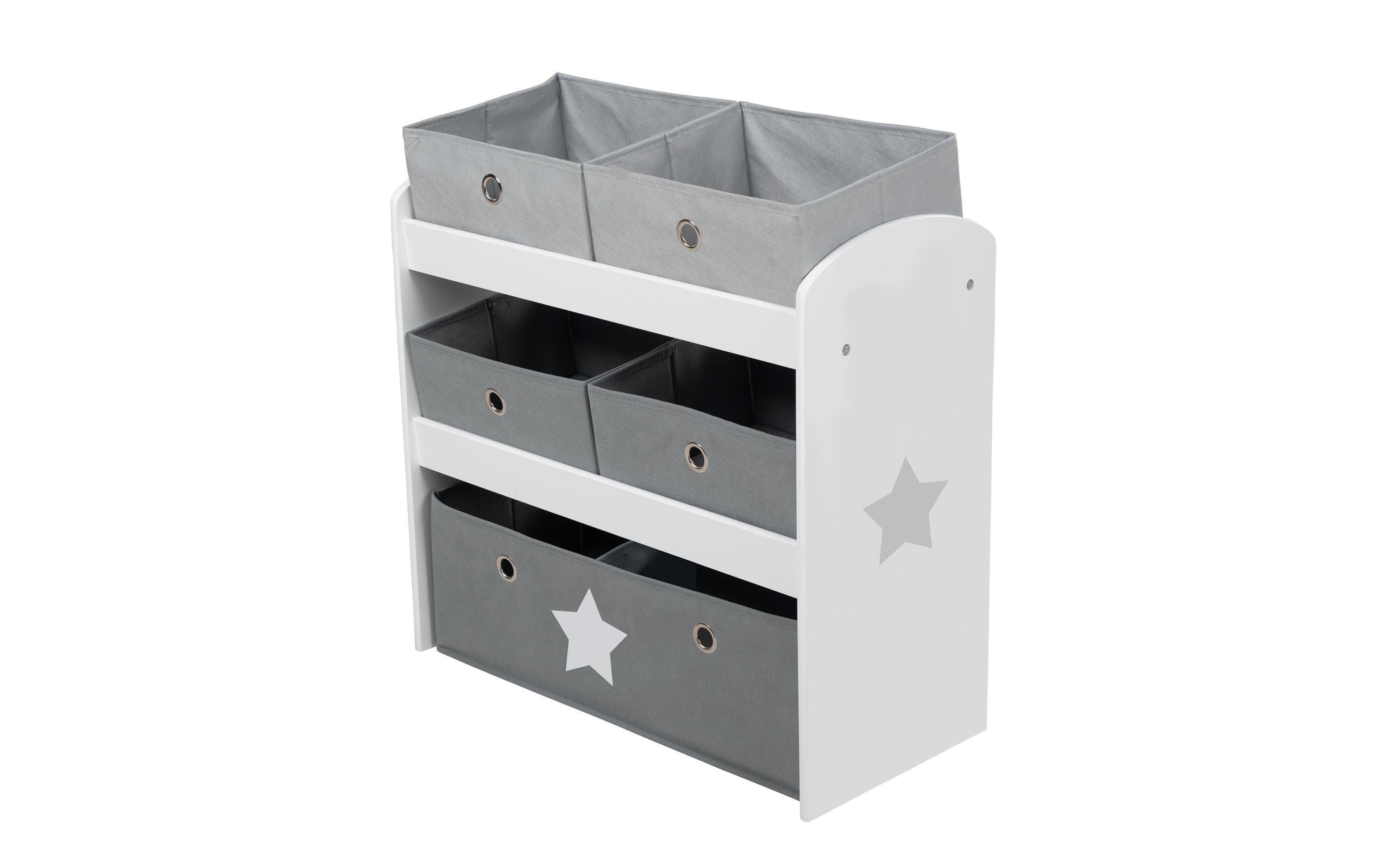 Regal Stars mit 5 Stoffboxen Grau/WeissAufbewahrungsregal für Jungen und Mädchen