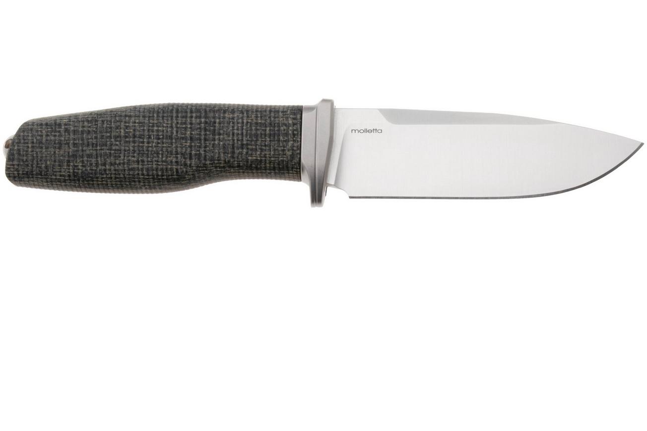 LionSteel Acha AH BLB Satin M390, Black Burlap Micarta, Titanium Guard, vaststaand mes