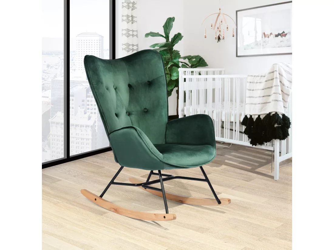 MEUBLES COSY Fauteuil à Bascule Allaitement Rocking Chair Scandinave Chaise Loisir Revêtement en Velours avec Pieds en Bois Massif pour Salon, Chambre, Le Balcon, Vert
