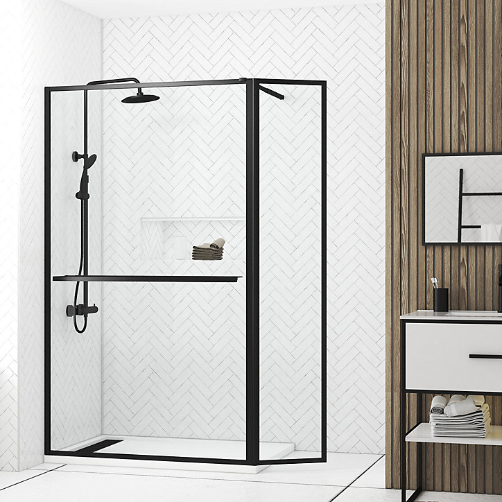 Paroi de douche à l'italienne fixe + volet pivotant 120+40 x 200 cm, noir mat, Galedo Dark Edge Shelf