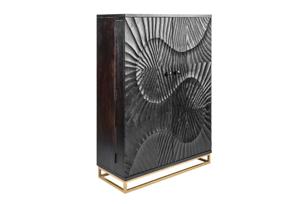 Massiver Barschrank SCORPION 141cm schwarz Mangoholz mit 3D Schnitzereien
