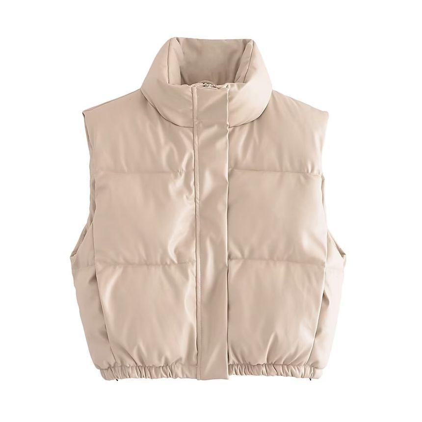 Susaine - Opstaande kraag, effen gewatteerd imitatieleren cropped vest met rits