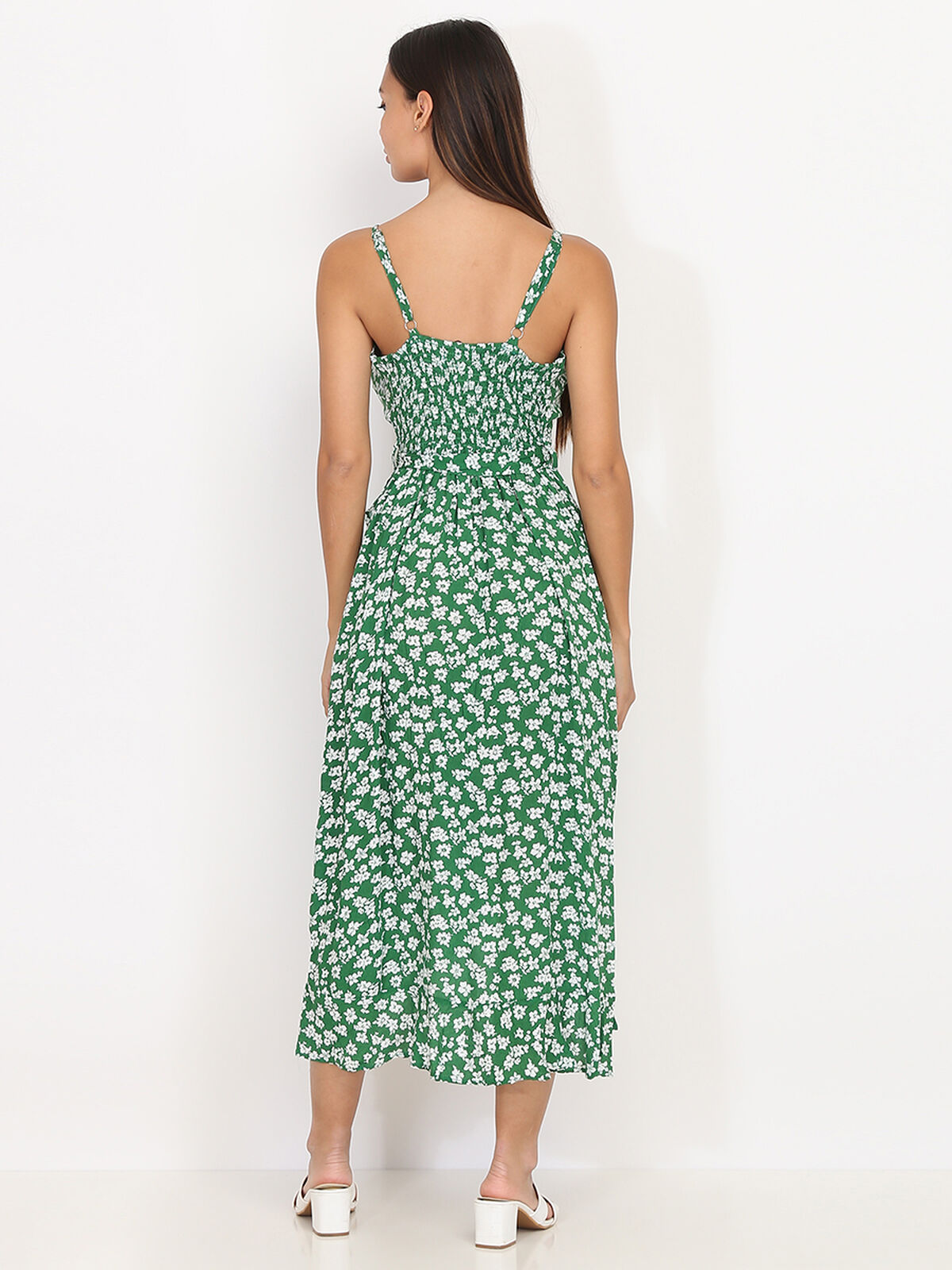 Robe mi-longue à volants et petites fleurs- Vert