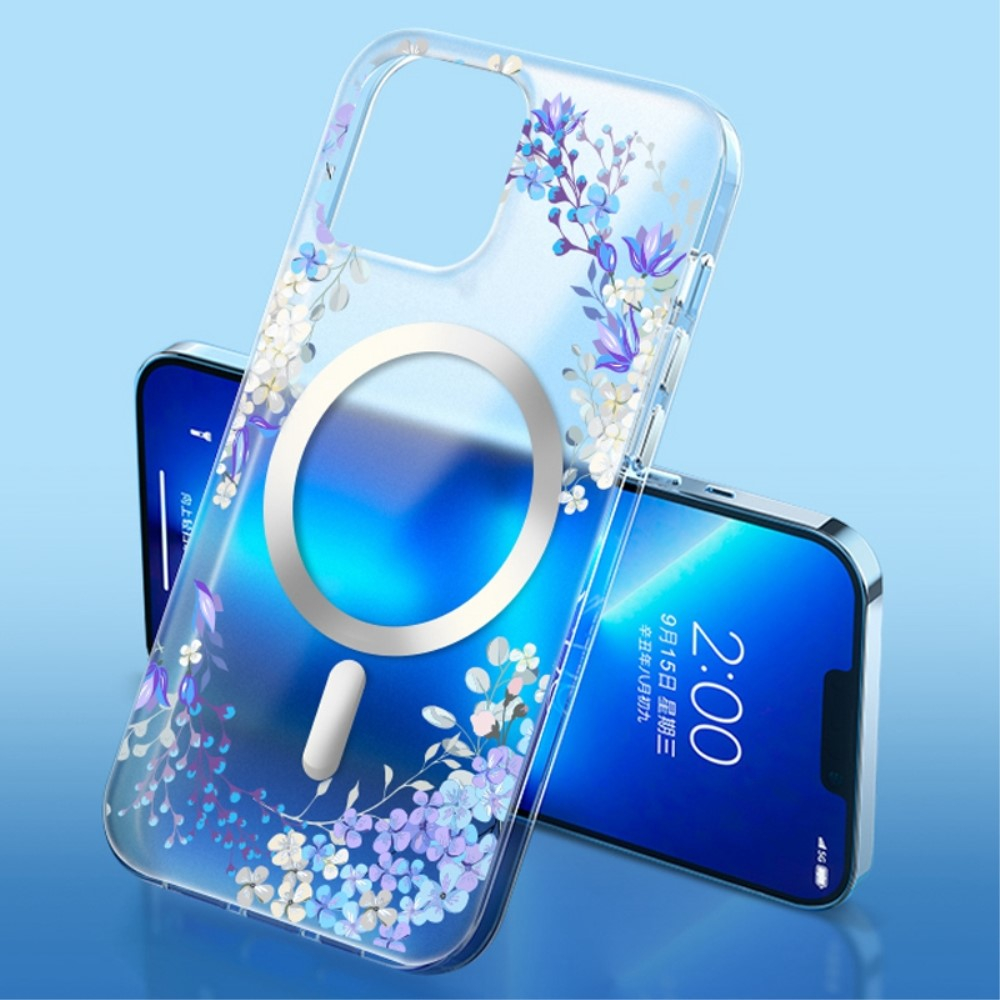 iPhone 14 Pro MagSafe Hybrid Hülle TPU Bumper Acryl Rückseite - Lila Blumen