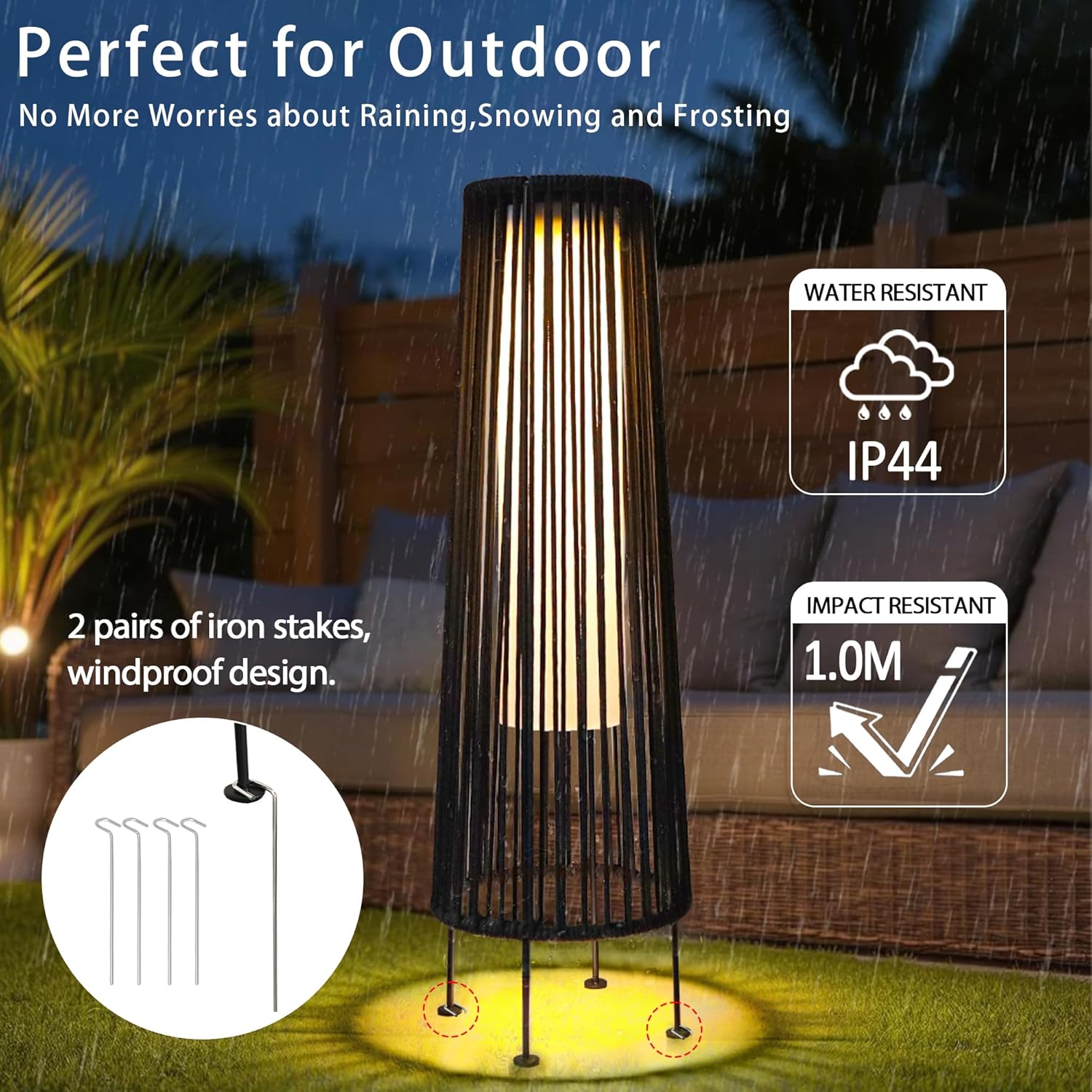 TRIROCKS Außenstehlampe, 2-Teilige Solarbetriebene Laterne, Geflochtene Solar-Terrassenlampe mit Olifen-Seil, Wasserdichtes Rattan-Solar-Decklicht für Terrasse, Garten, Rasen, Hof (Schwarz)