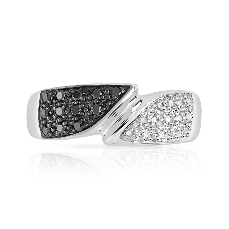 Bague or 375 blanc diamants noirs et blancs