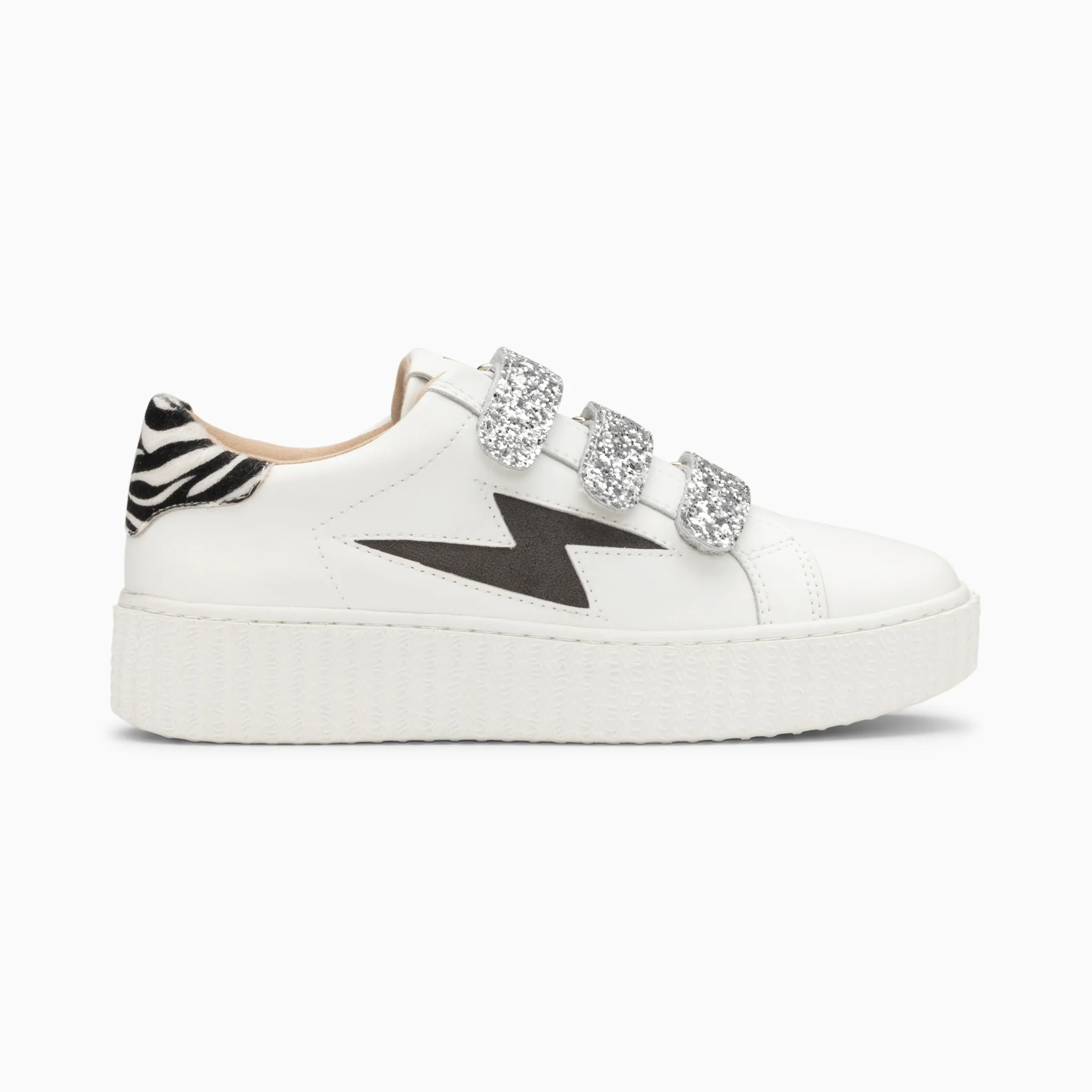 Sneakers-Baskets éclair Angela blanc et zèbre à scratchs argent