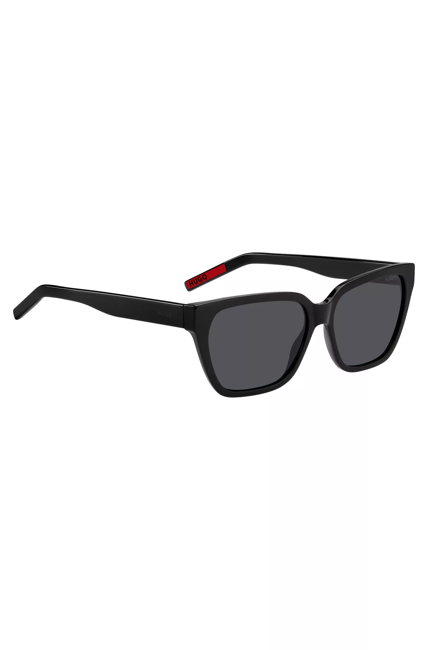 Óculos de sol HUGO em acetato vermelho e preto com hastes personalizadas.