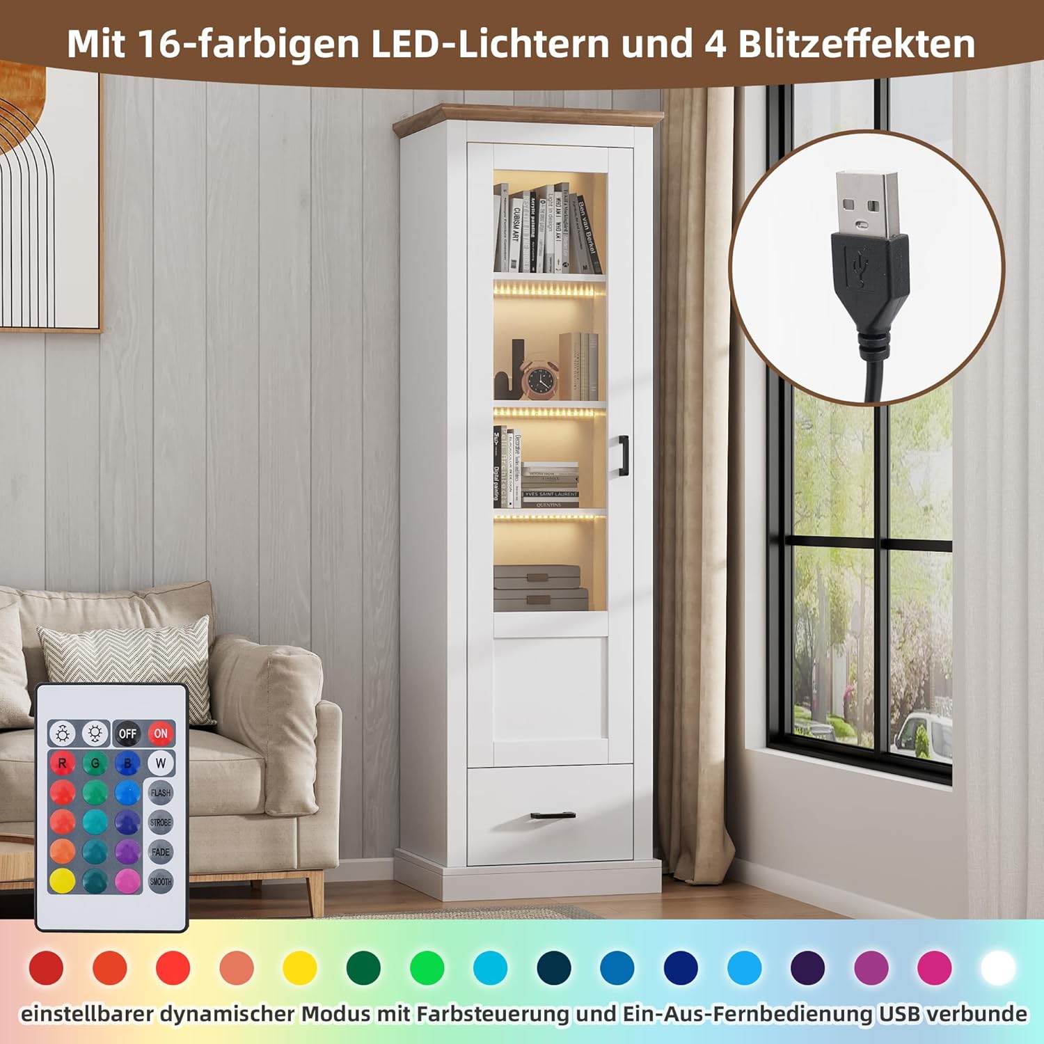 Merax Vitrine mit LED-Lichtern, Glasvitrine mit Schubladen und 5 Fächern, Modern Vitrinenschrank Bücherschrank Sammlervitrine, Hochschränk für Küchen Wohnzimmer Schlafzimmer Büro Eingang, Weiß, 178cm
