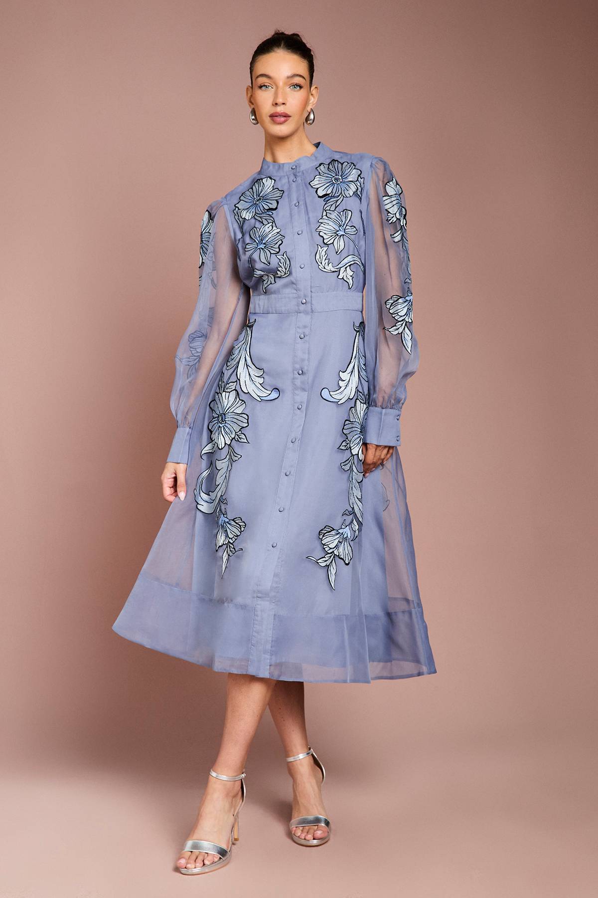 Coast Robe Midi À Manches Longues Avec Broderie Positionnée