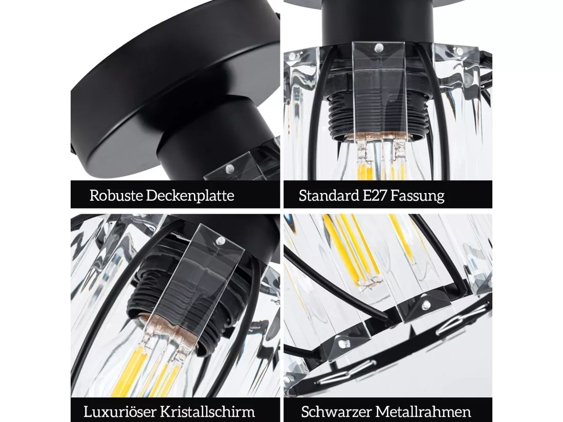 NETTLIFE Plafonnier Cristal Noir Moderne E27 Lampe de Cuisine Vintage avec Cadre en Métal