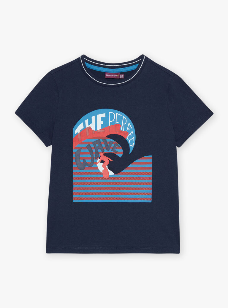T-shirt bleu marine avec vague et surfeur