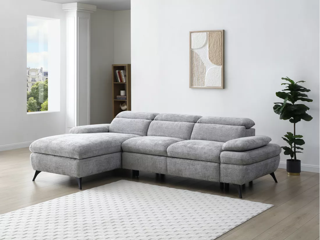 Canapé d'angle gauche convertible en tissu texturé avec coffre de rangement gris MORAVA