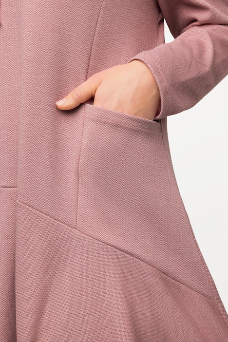 Longsweater, Fischgrat, Volantsaum, Stehkragen, Langarm