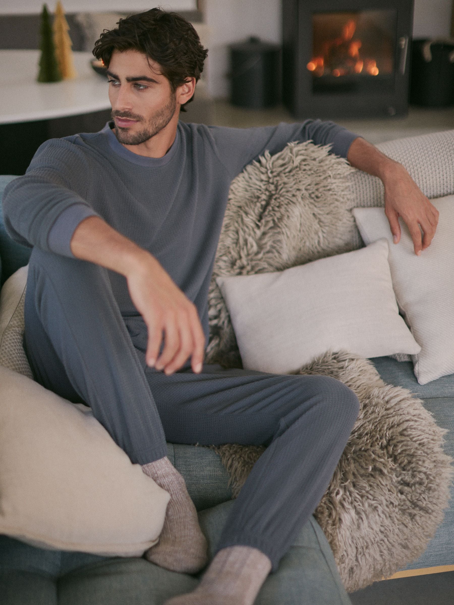 Leisteen grijs - Zachte pyjama met top met wafeldessin en lange mouwen