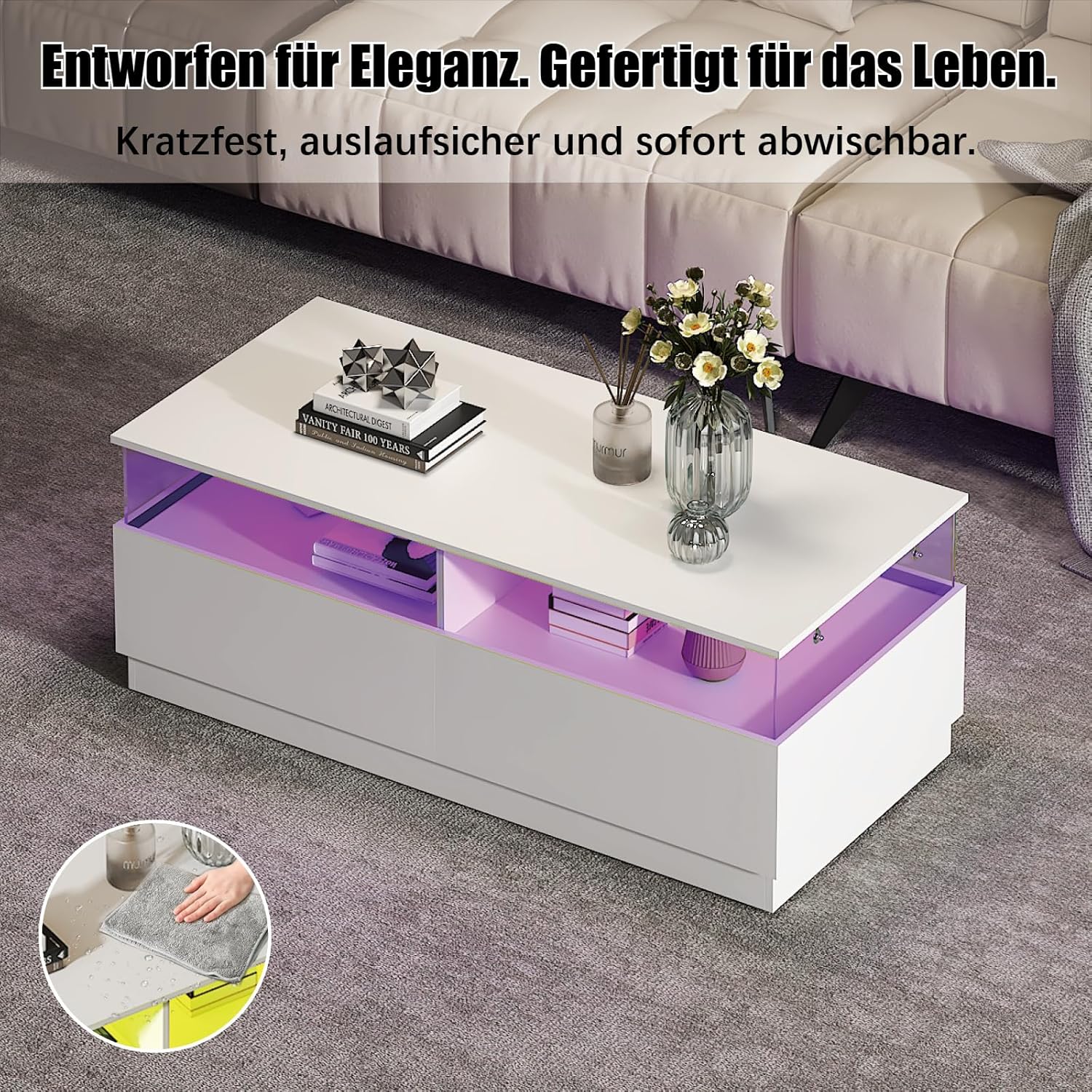 Couchtisch, Wohnzimmertisch mit 16-Farbiger LED Beleuchtung, für Wohnzimmer 108x50x40cm (Weiß)