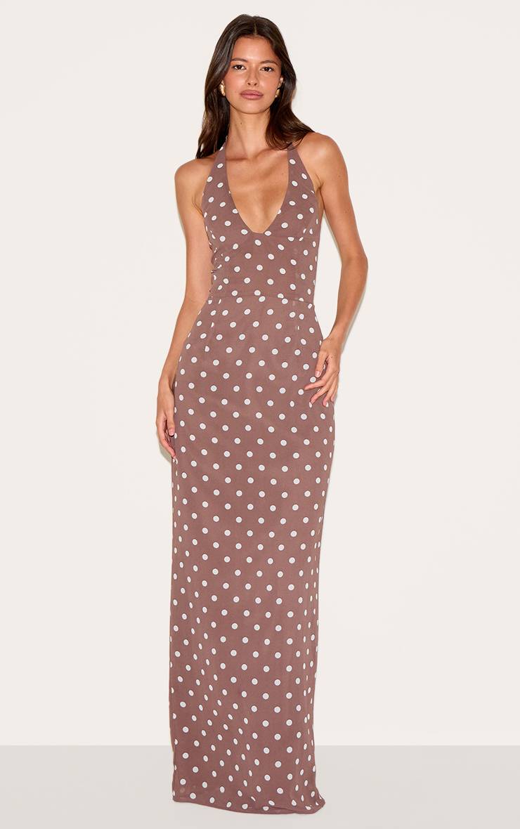 Chocolat Robe Longue En Mousseline À Pois Avec Décolleté Plongeant