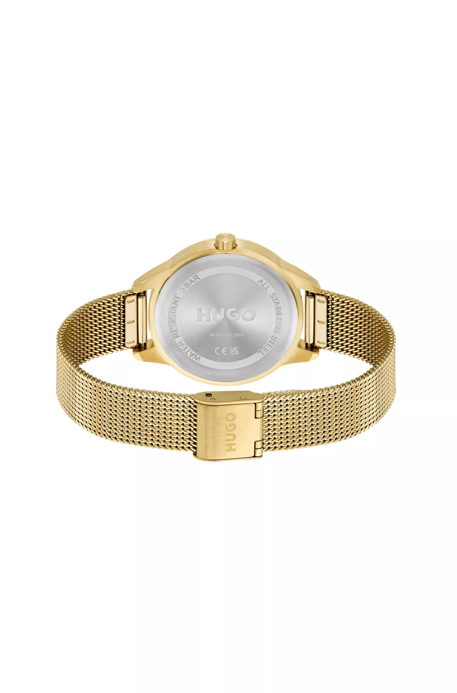Relógio HUGO com efeito ouro vermelho, mostrador preto e pulseira de malha.