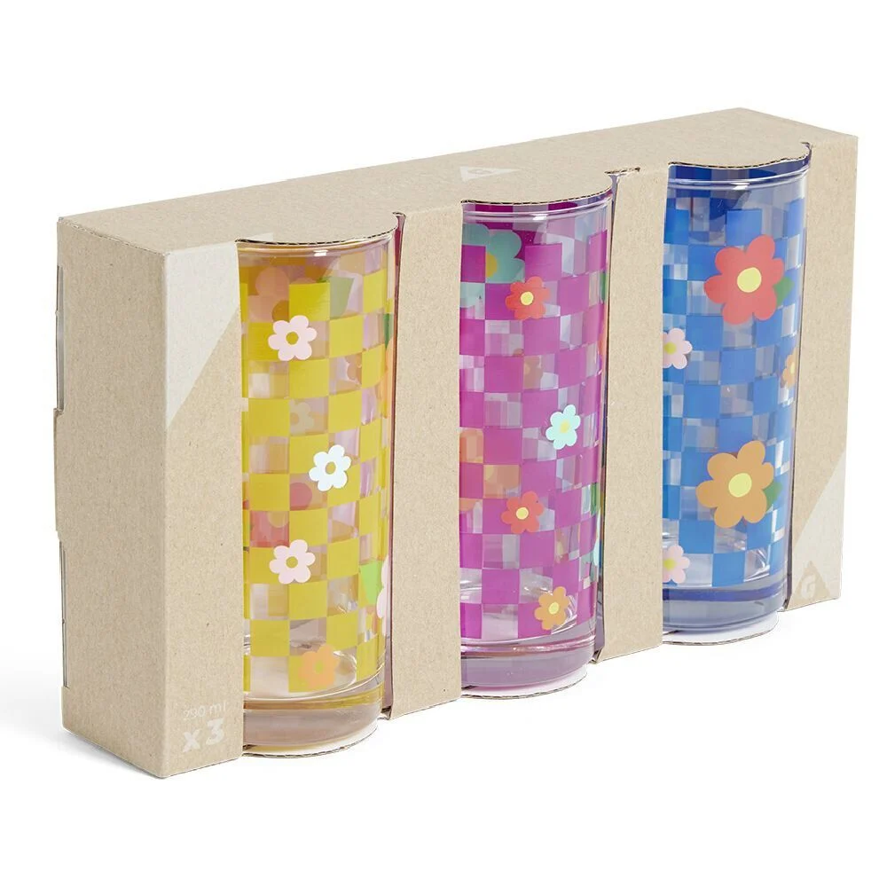 Lot de 3 verres motif fleurs et carreaux 290ml