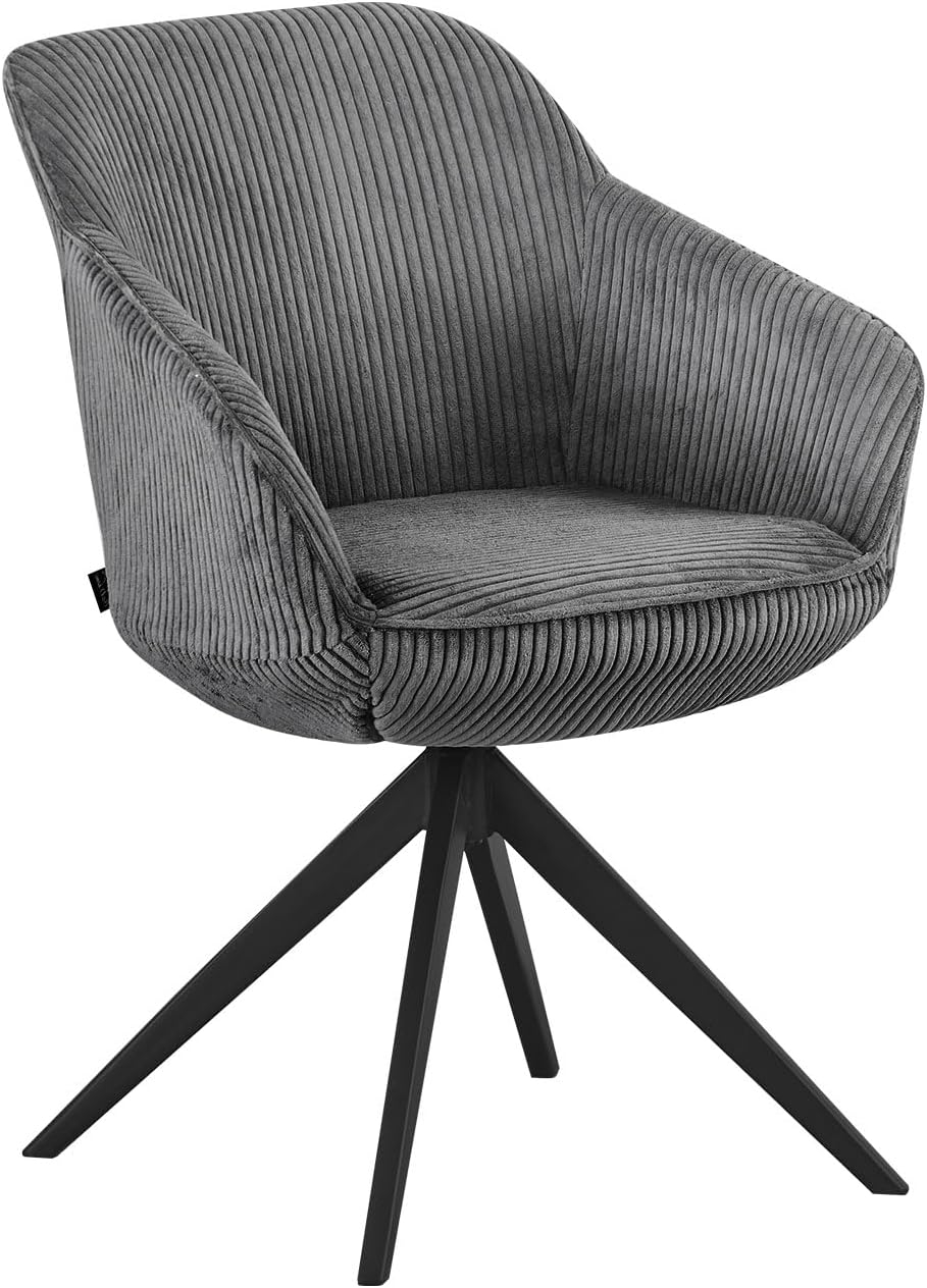 B&D home® Esszimmerstuhl ARVIT drehbar – mit Armlehnen, 360° Drehfunktion, Moderner Cordstoff in Dunkel Grau, Metallgestell schwarz, komfortabel gepolstert
