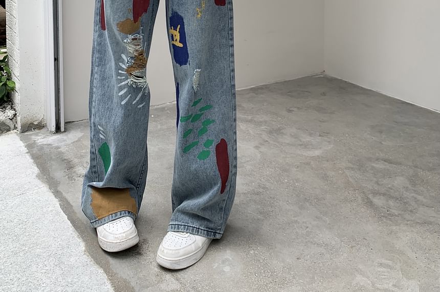 Cerauno - High Waist Brush Print Washed Distressed Wide Leg Jeans