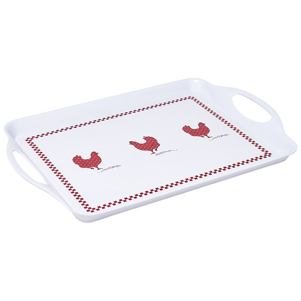 Plateau rectangulaire design poule mélaminé rouge et blanc