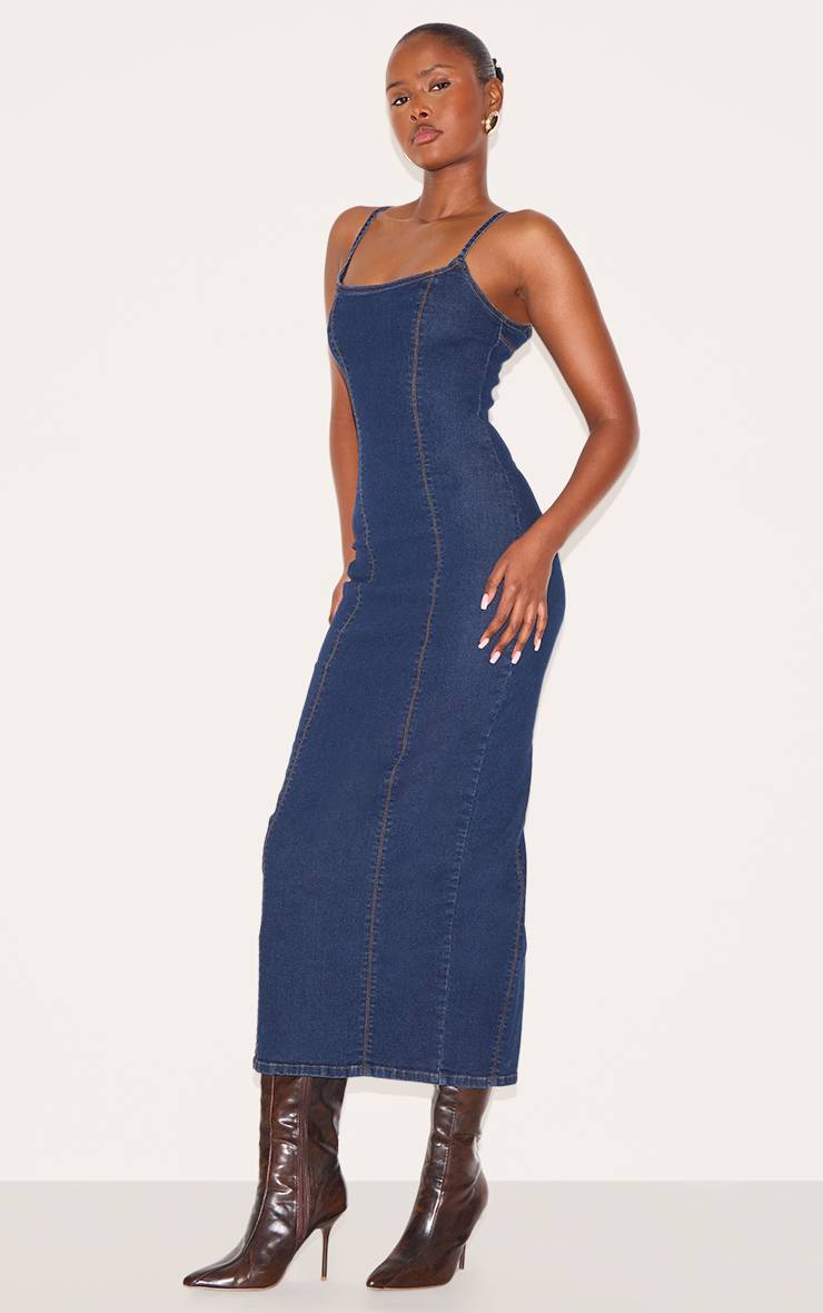 Bleu Indigo Robe Longue En Denim À Bretelles Fines