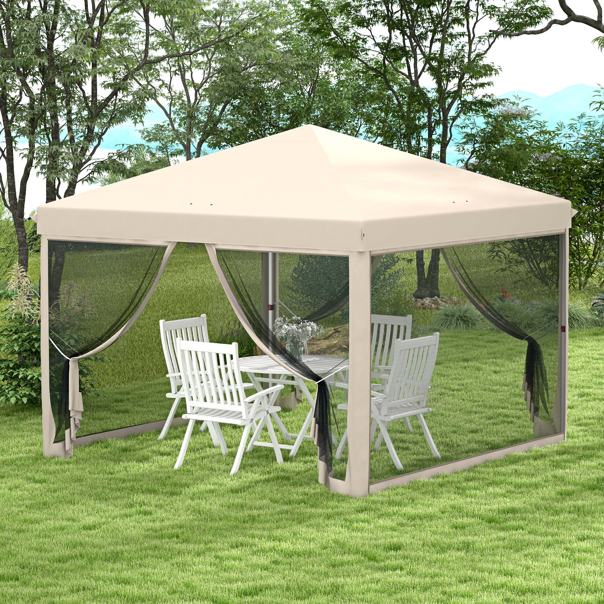 Tenda dobrável Outsunny 3x3 para exterior, gazebo portátil para jardim com mosquiteiro, bolsa de transporte, estrutura de aço e tecido Oxford resistente para festas e acampamentos, bege.