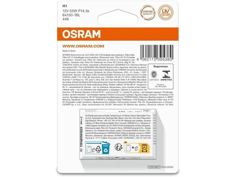 OSRAM H1 Original Glühlampe Einzelblister 12 V 55W P14.5s Zuverlässige Glühlampe