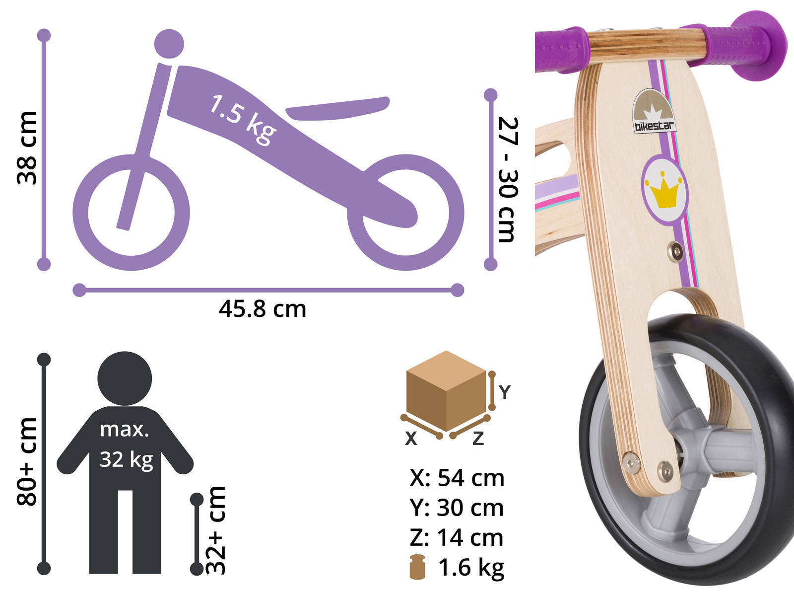 BikeStar mini loopfiets 2 in 1, hout, lila