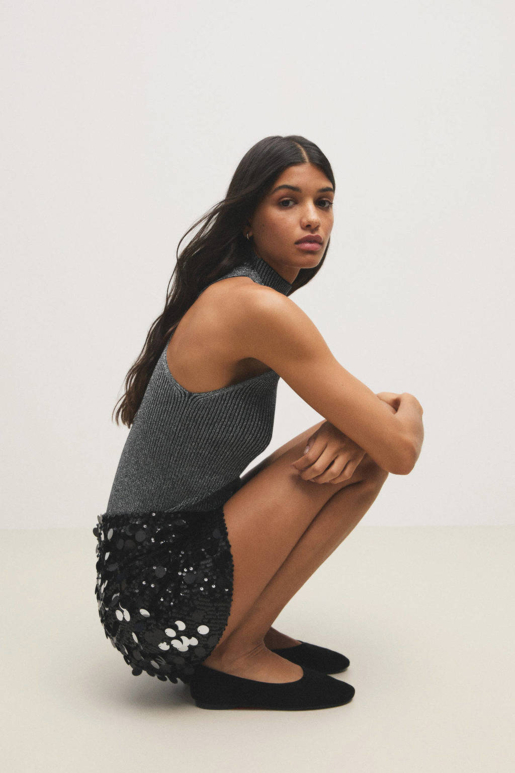 MANGO TEEN korte rok met pailletten zwart