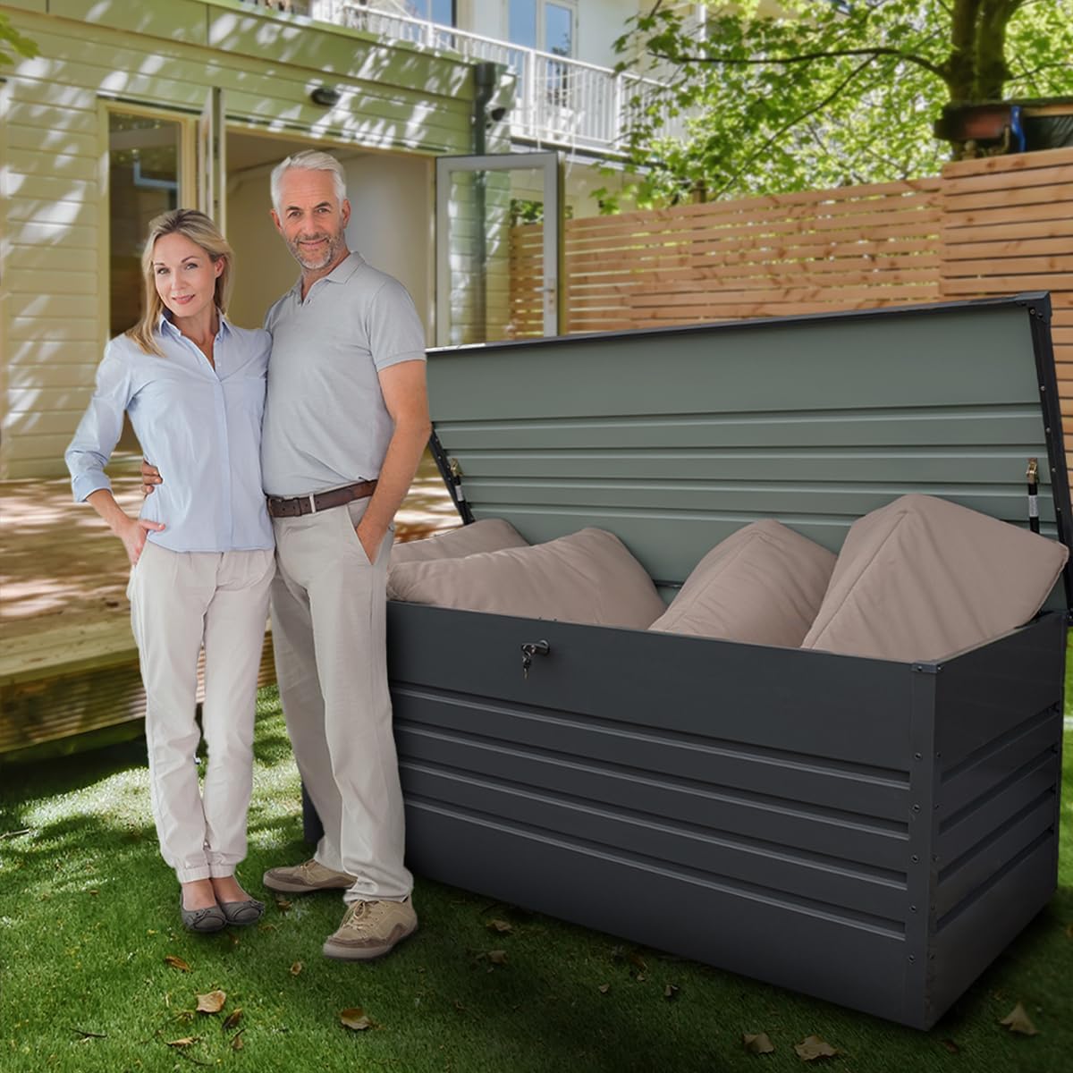 Grindi - Gartenbox Metall - Kissenbox - Auflagenbox - 1000l - 185x82x75 - Orto III - Aufbewahrungsbox mit Deckel - Outdoor - Sitzbank mit Stauraum - Gartenhaus - Geräteschuppen - Truhe mit Deckel