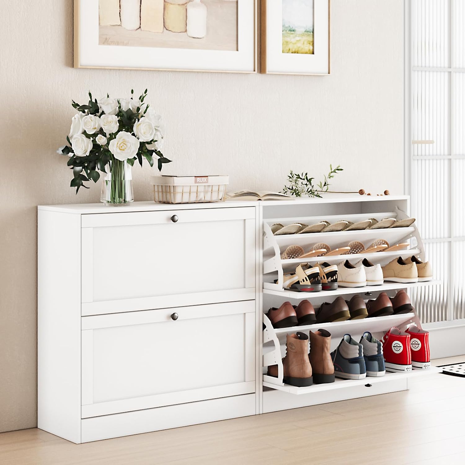 VOWNER Schuhschrank mit 2 Klappen, Schuhregal Schuhkipper Schmal, mit 6 Fächern, Schuhschrank Weiss, Verstellbar, Anti-Kipp-Vorrichtung für Eingangsbereich, Flur, 80 x 30 x 80 cm