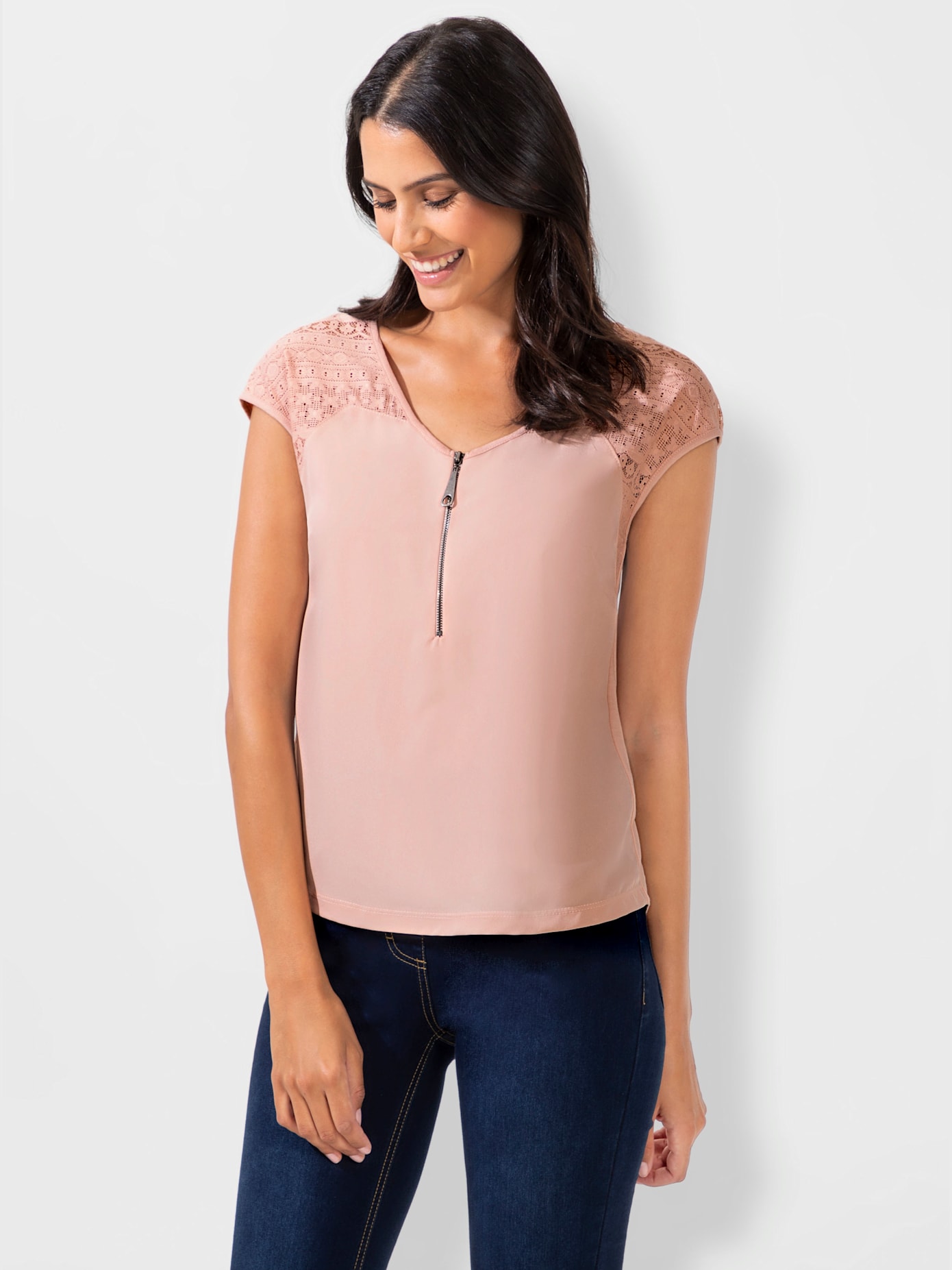 T-shirt col v à glissière épaules en dentelle