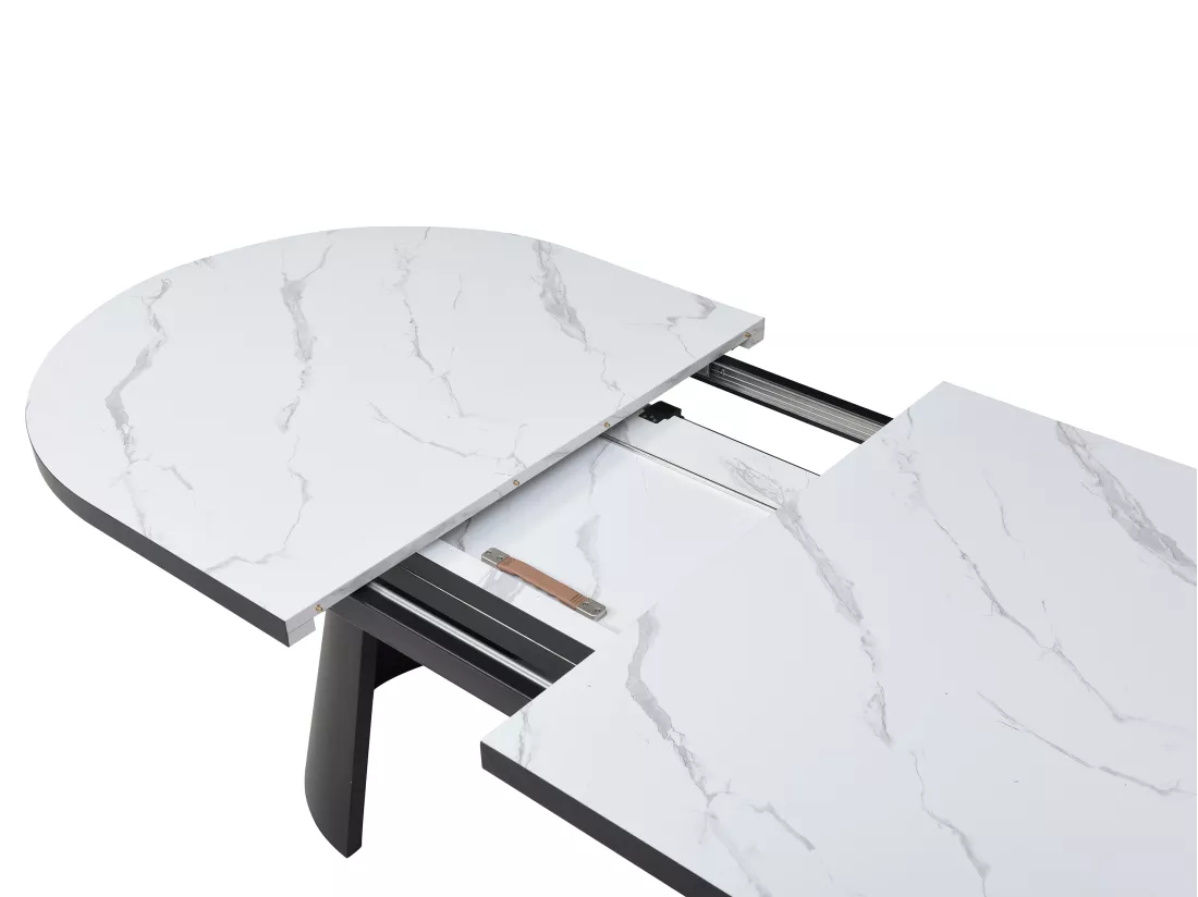 Table à manger extensible 6 à 10 personnes en MDF et métal - Effet marbre blanc et Noir - KORIZEA