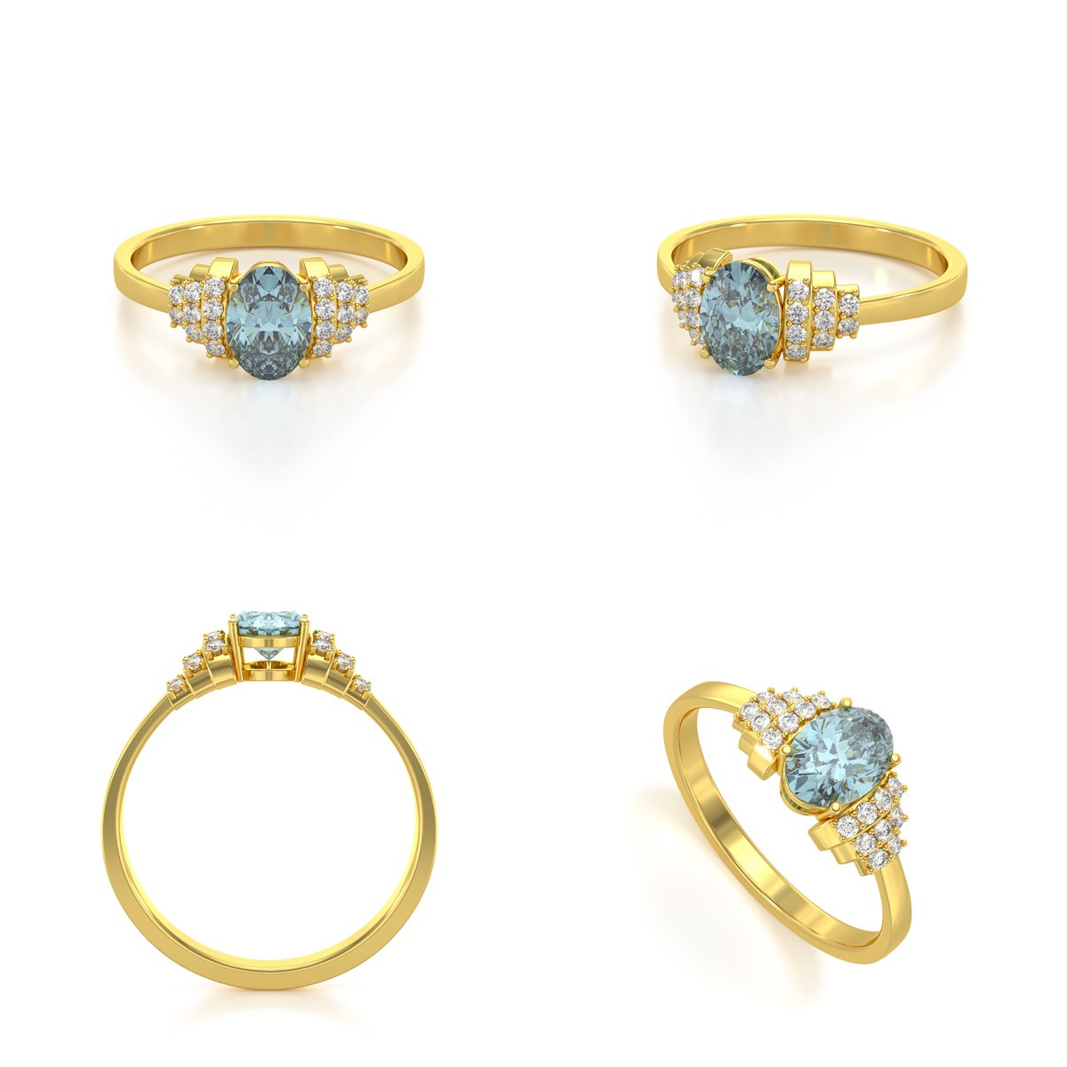 Bague ADEN Or 585 Jaune Aigue-Marine et diamants 2.24grs
