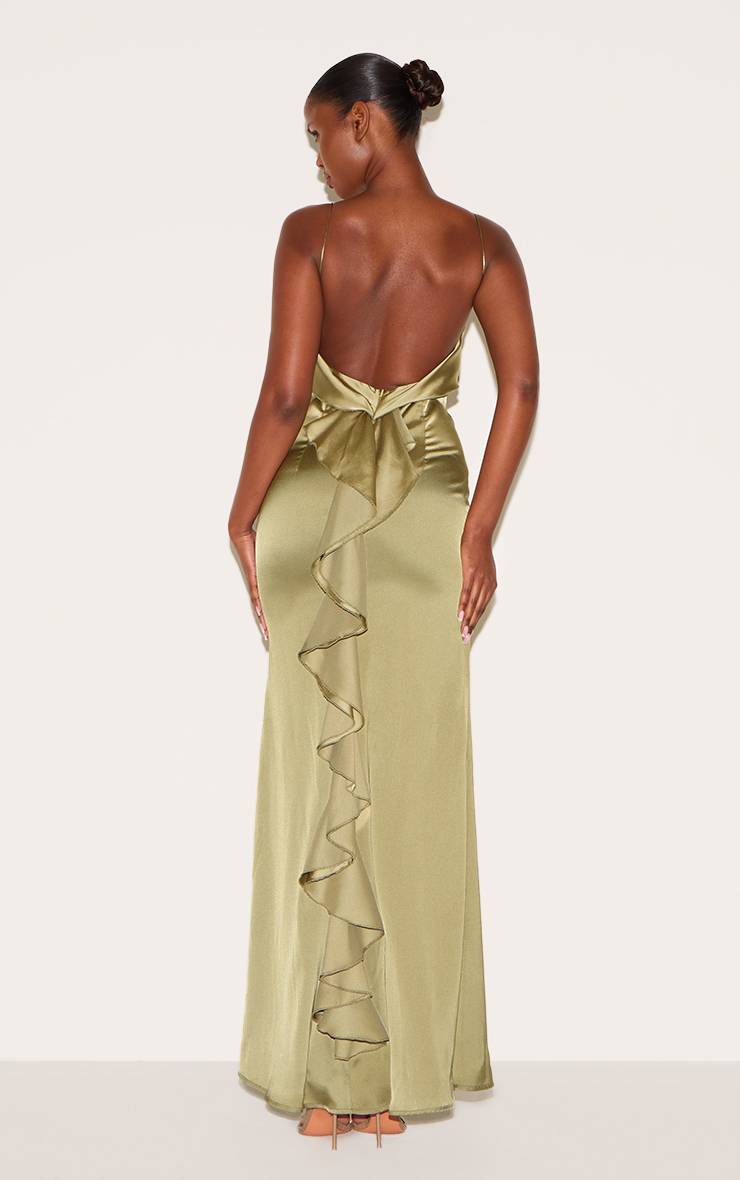Vert Sauge Robe Longue En Satin À Détail Volant Drapé Au Dos