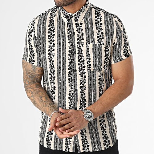 Chemise Manches Courtes Beige Noir Floral