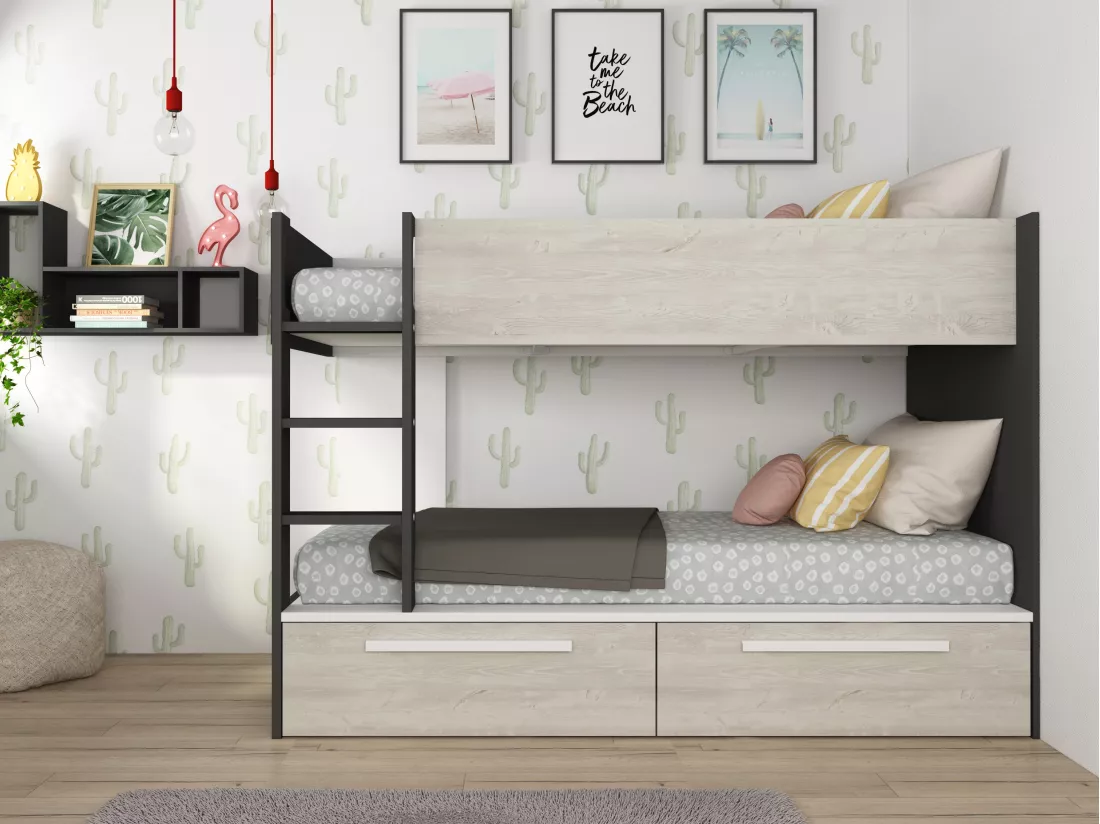 Lits superposés 2 x 90 x 200 cm - 2 tiroirs - Anthracite, naturel et blanc - TINOLI