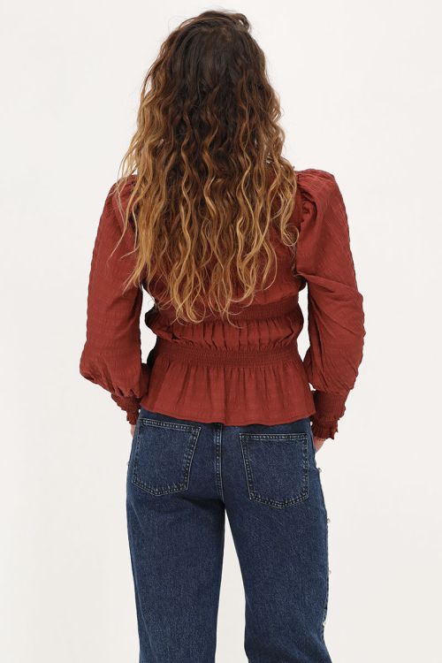 Roest-bruine smock top met ruffles