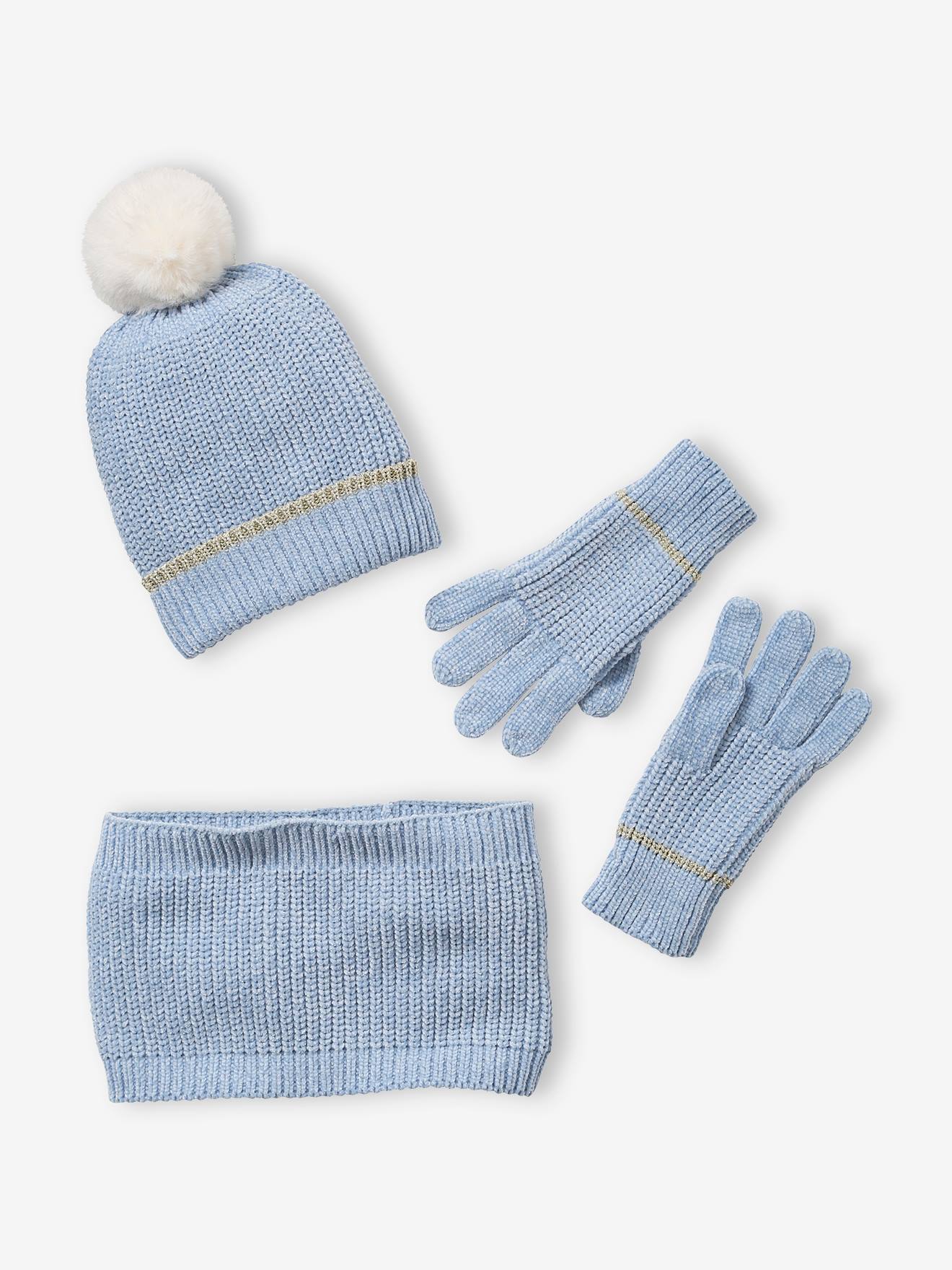 Conjunto de gorro, cachecol e luvas de chenille, azul claro mesclado para menina.