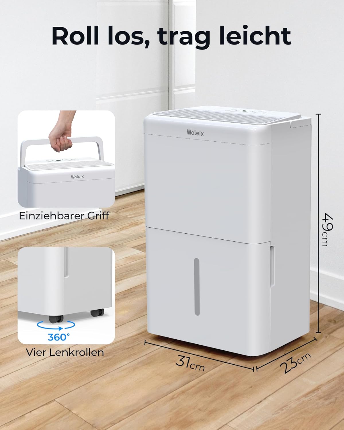 Luftentfeuchter elektrisch 20L, Entfeuchter elektrisch für Keller, Raumentfeuchter elektrisch 39dB für Räume bis zu 150m³/50m², mit 1M Ablaufschlauch und Timer, Filter, 10 J. Gar.
