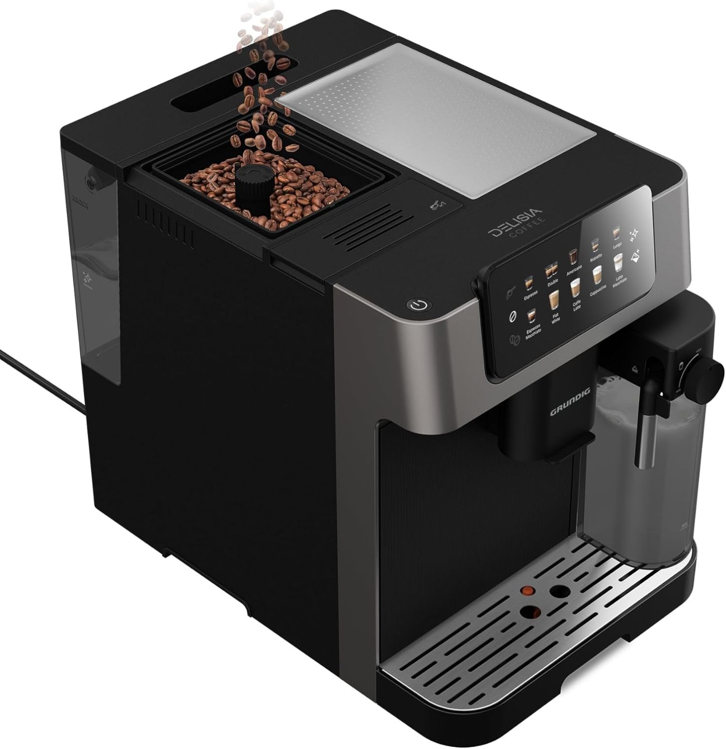 GRUNDIG KVA 7230 Kaffeevollautomat, Kaffeemaschine, 10 Kaffeespezialitäten, 13 Mahlgrade, Milchbehälter, leistungsstark 1350 W, 19 Bar Pumpendruck, Zweifachdüse, Beleuchtung, Schwarz/Dunkelsilber