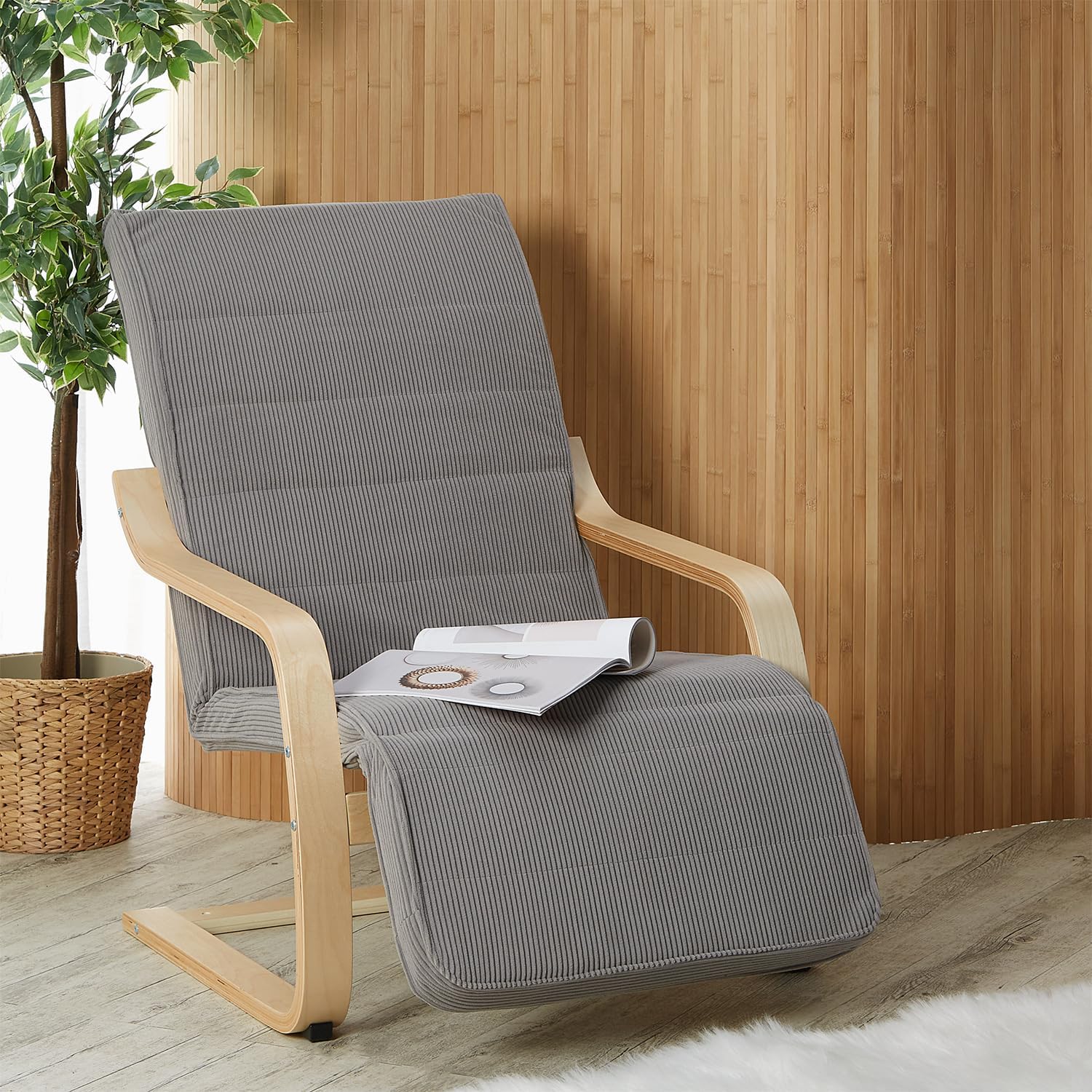 Homestyle4u 2636, Stuhl Relaxsessel mit Liegefunktion Schwingsessel Grau mit Armlehne Relaxstuhl Holz Wohnzimmer
