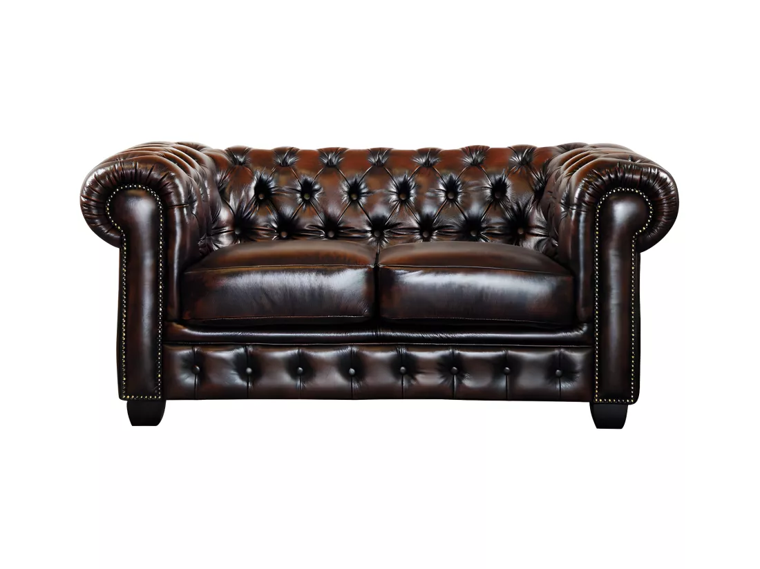 Canapé chesterfield 2 places BRENTON 100% cuir de buffle - Marron reflets châtains