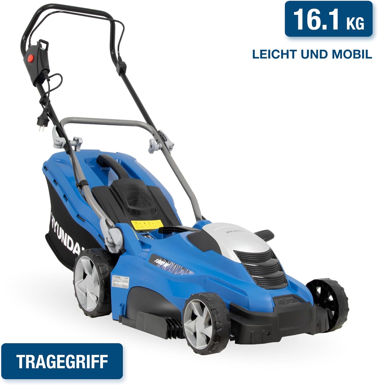 HYUNDAI Elektro-Rasenmäher LM4001E mit Mulchfunktion, Elektromäher, Mulcher, Mäher (40cm, 1800W, 50L Korb, 5-fache zentrale Höhenverstellung)