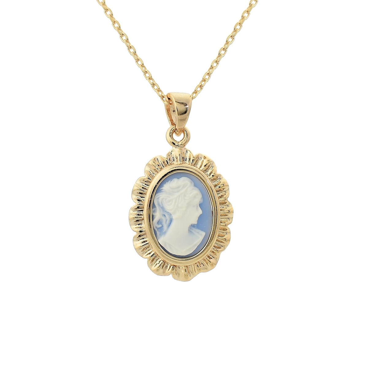 Collier médaillon camée bleu et blanc Plaqué OR 750 3 microns