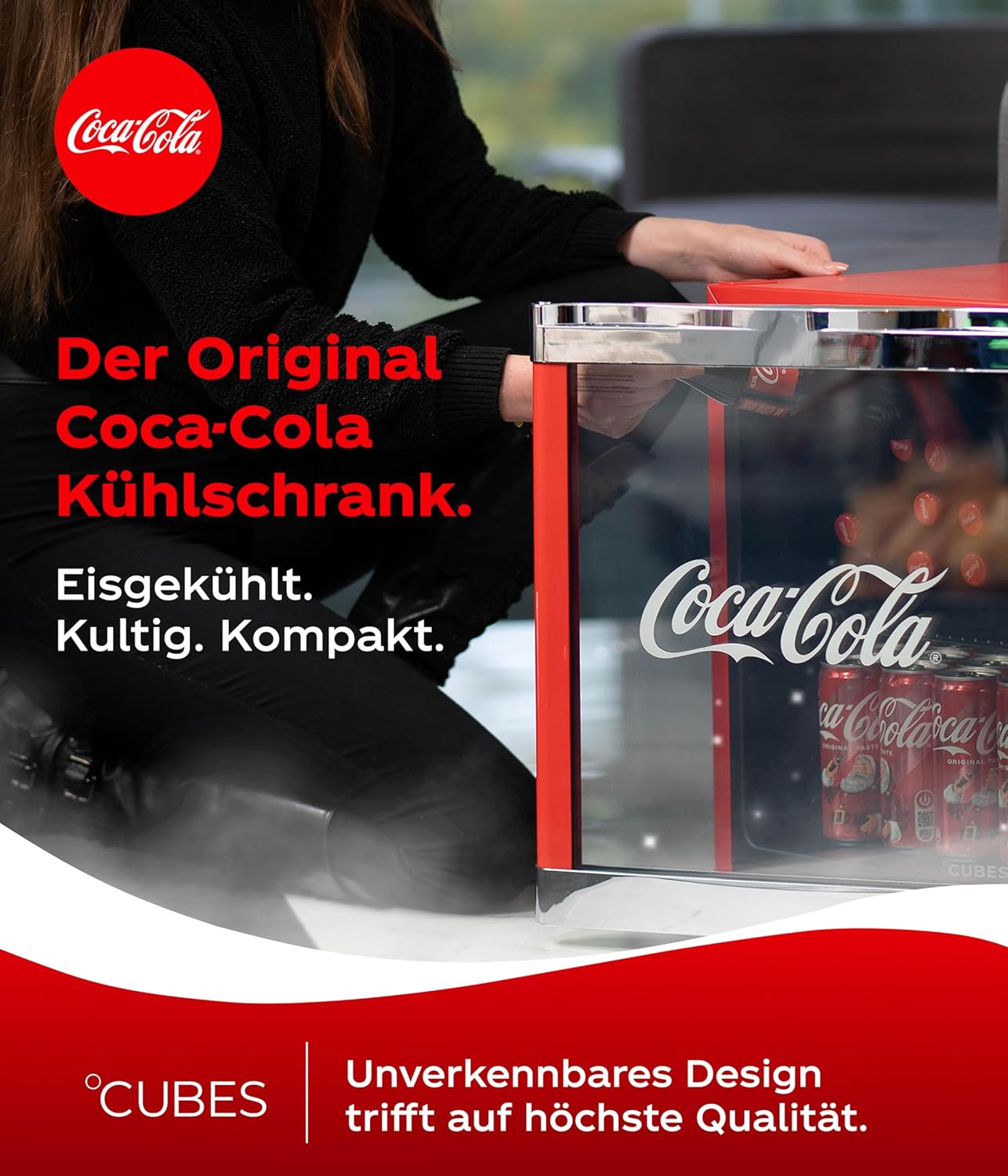 CUBES Original Coca-Cola PopArt Mini Kühlschrank Rot (48L) - Getränkekühlschrank mit Glastür, leise & energieeffizient - Perfekt für Büro, Partys & Gaming - Cooler Flaschenkühlschrank - Für Getränke