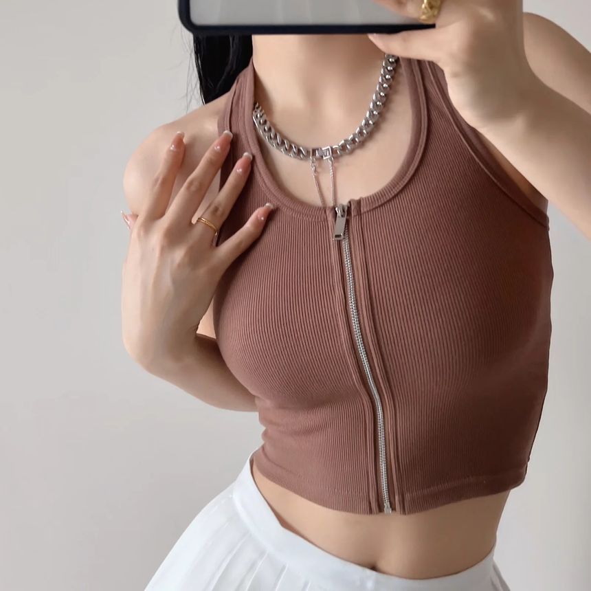 Reknovine - Haltertop met rits, open rug en geribbelde effen crop top