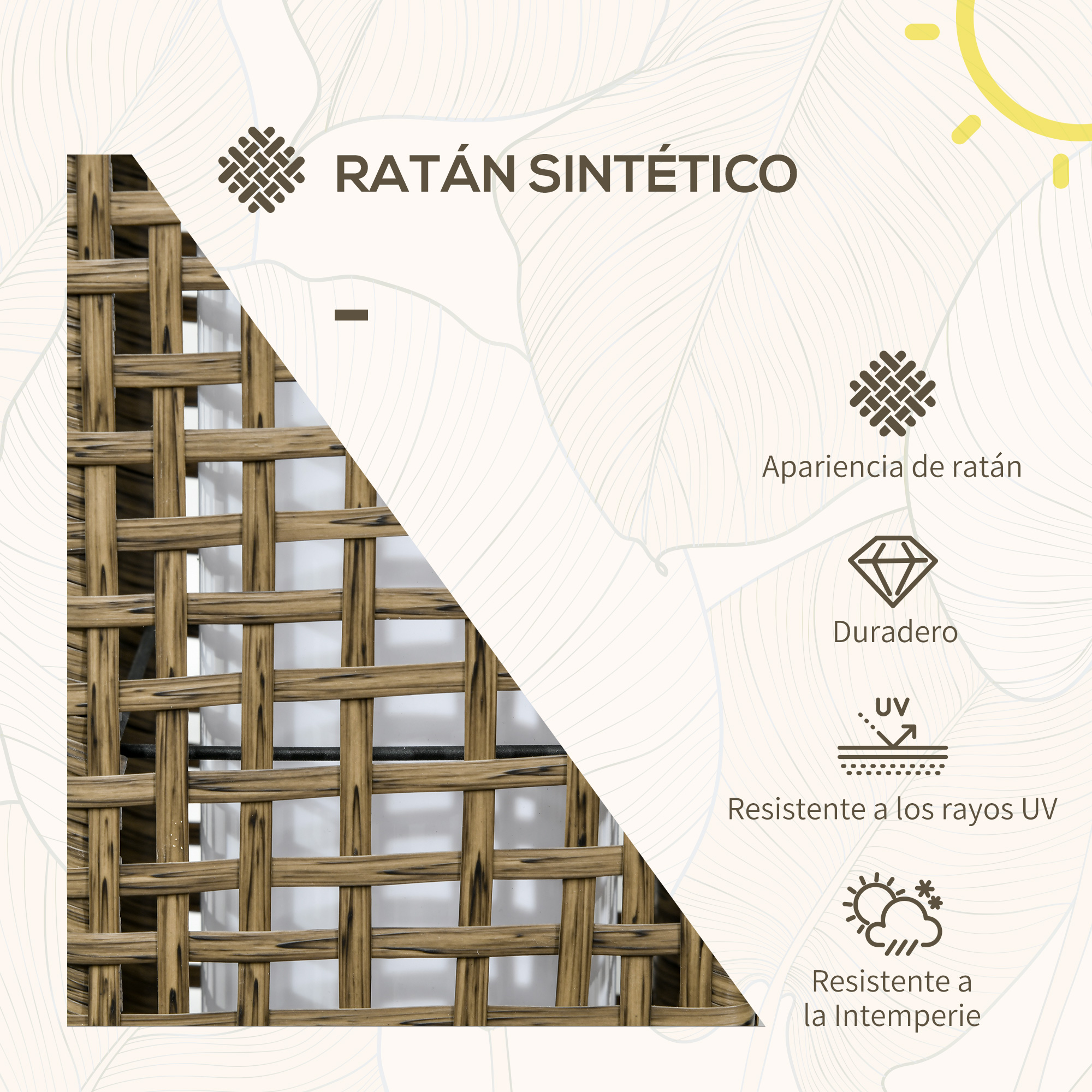 Luminária de jardim solar Outsunny em rattan sintético com luzes LED, liga/desliga automático, ideal para terraços, varandas e pátios, 15,5 x 15,5 x 69 cm, cor areia.